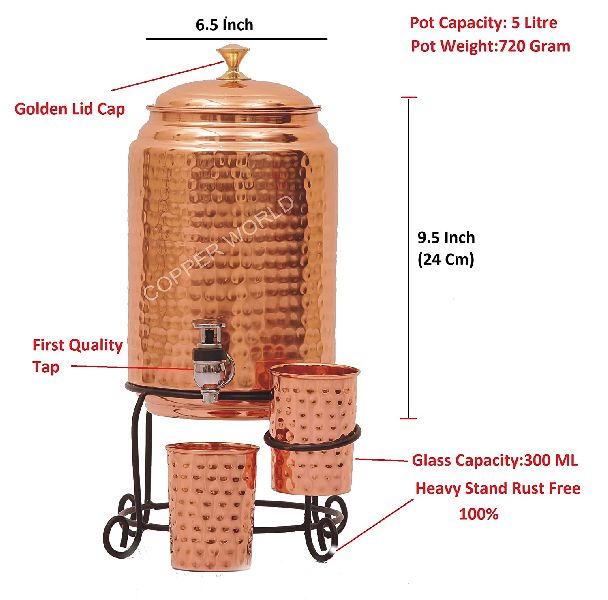 Hammered Copper Water Dispenser Matka Set