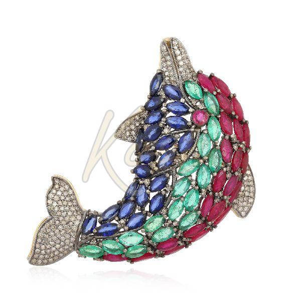 Ruby, Emerald, Blue Sapphire and Diamond Fish Brooch