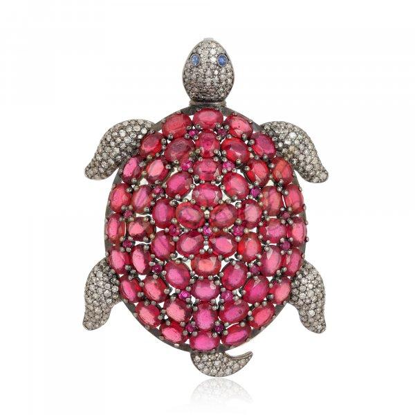 Ruby Turtle Brooch with Diamonds in Silver and 14K Gold