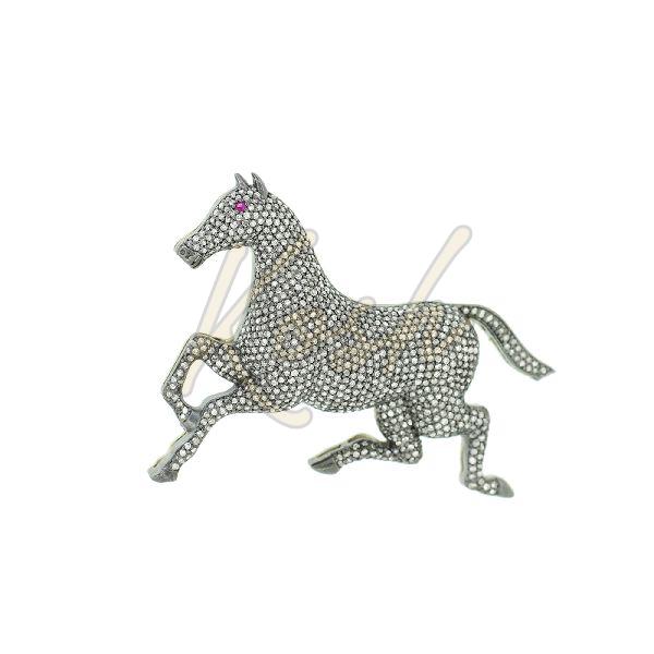 Sterling Silver Diamond Horse Brooch With Ruby Eyes