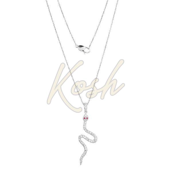 White Gold Snake Diamond Pendant with Chain with Ruby eyes