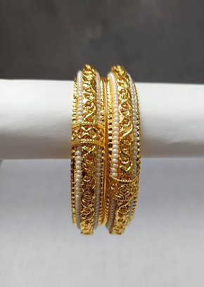 Oxidized Gold Plated Metal with White Beads Bangles