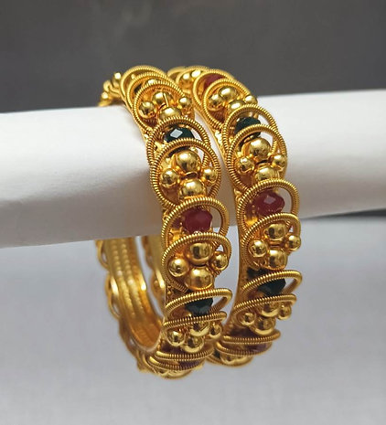 Red and Green Crystal Oxidized Gold Plated Bangles