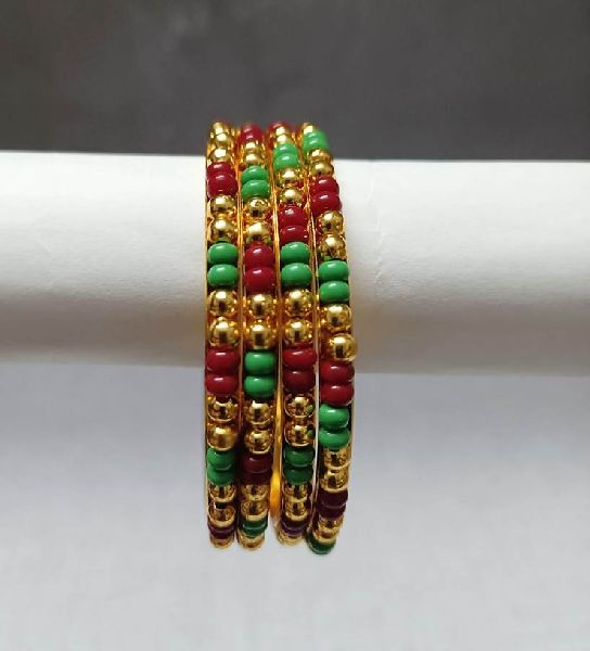 Red, Gold and Green Beads Oxidised Gold Plating Bangles