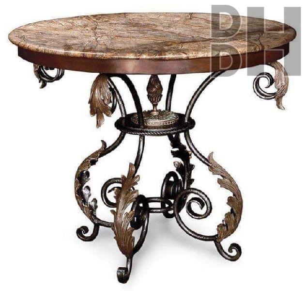 Round Iron Wooden Top Marble Table