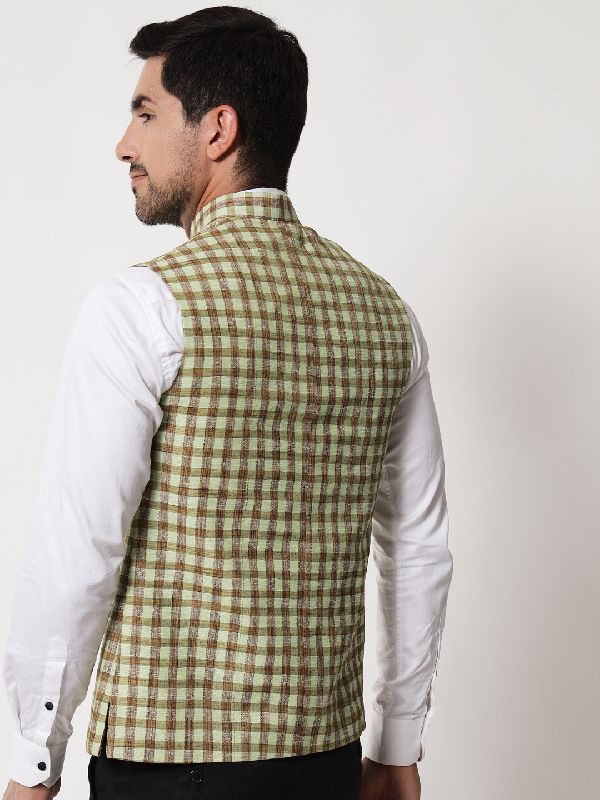 Vastraa Fusion Mens Handloom Block Check Print Nehru Jacket