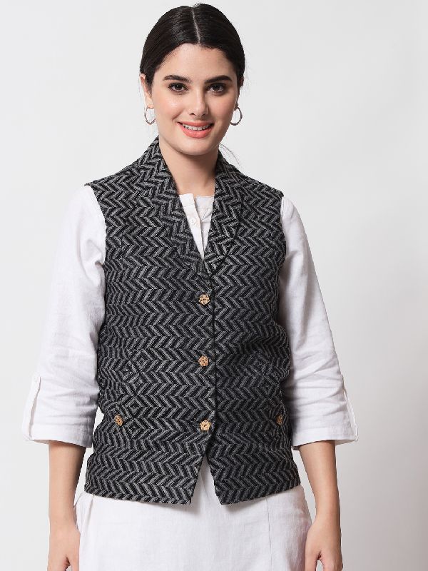 vastraa fusion printed womens ethnic sleeveless woolen jacket