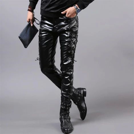 Moonwalk Mens Faux PU Leather Skinny Black Biker Pants 32 Black   Amazonin Clothing  Accessories