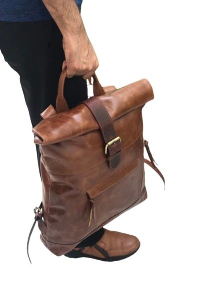 Genuine Leather Roll-Top Unisex Backpack Bag
