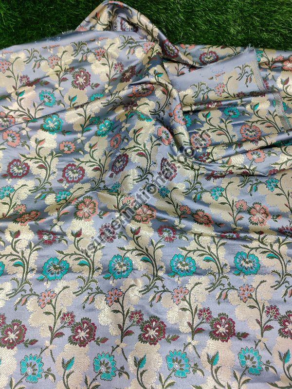 Grey Banarasi Handloom Kimkhab Silk With Multi Meena Weaved Brocade Fabric