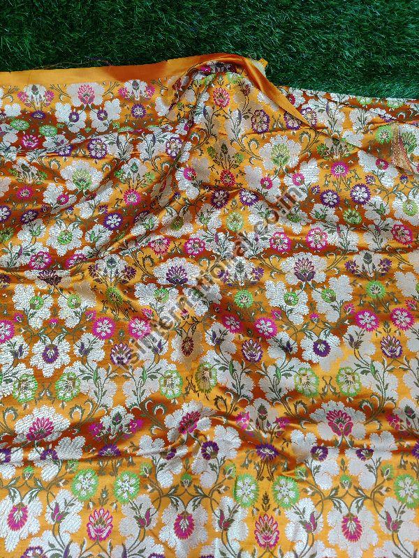 Orange Purple Banarasi Handloom Kimkhab Silk With Multi Meena Weaved Brocade Fabric