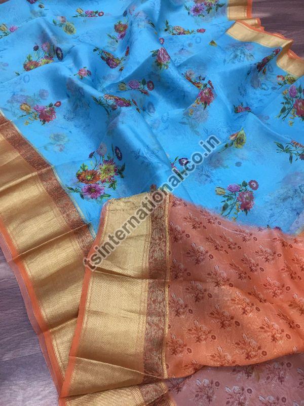 Pure Organza Silk Floral Digital Printed With Kanchi Border Weaved Saree