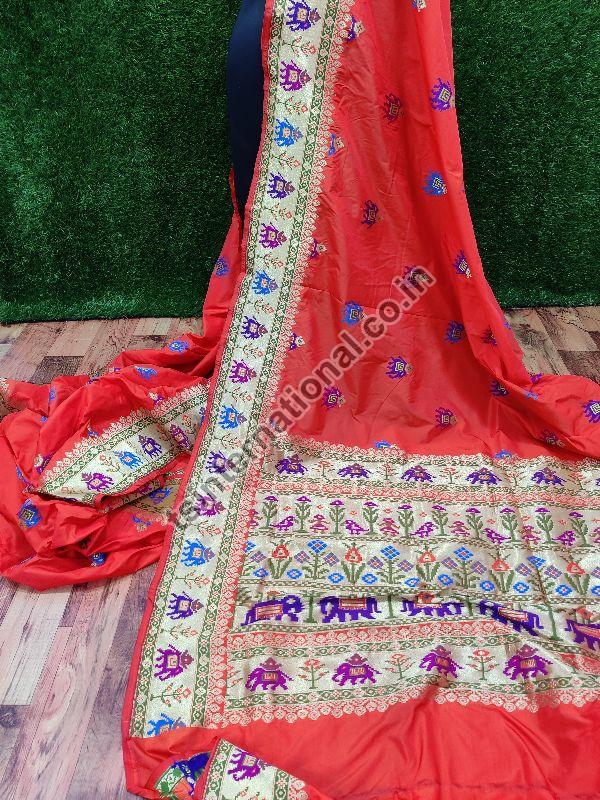 Red Banarasi Handloom Semi Katan Silk With Elephant Meena Weaved Saree