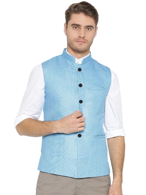 Mens Aqua Blue Cotton Jute Nehru Jacket