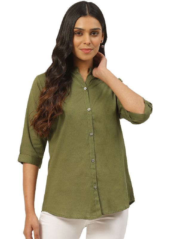 Ladies Mehandi Green Cotton Shirt