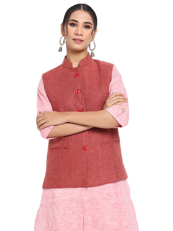 Ladies Red Woolen Nehru Jacket
