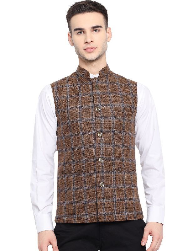 Vastraa Fusion Men\'s Woolen Festive Nehru Jacket/Waistcoat (Brown)