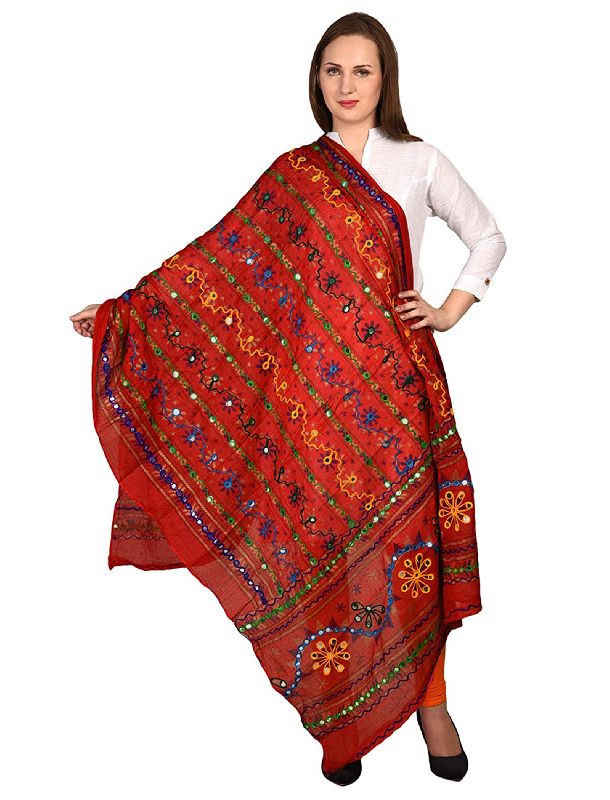 TS0285 Red Ladies Embroidered Line Pattern Dupatta