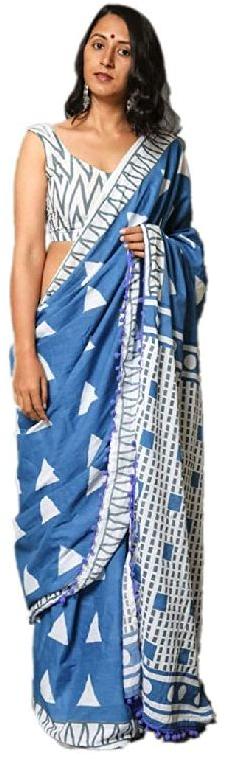 Sky Blue and Multicolour Pure Cotton Mulmul Printed Sarees