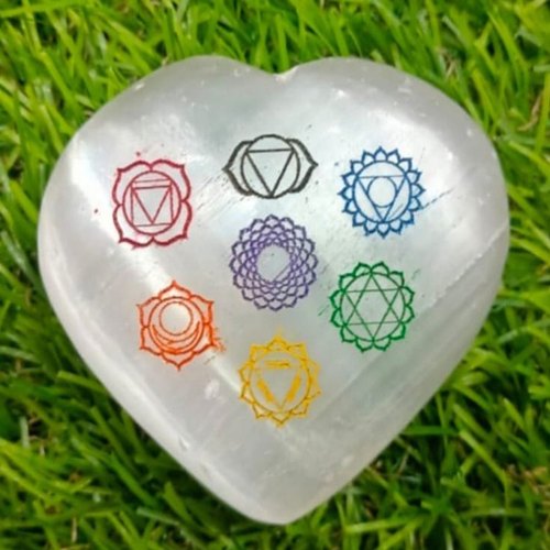 Seven Chakra Engraved Selenite Heart