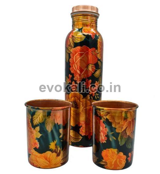 Printed Floral Design Copper Water Bottle With Glass