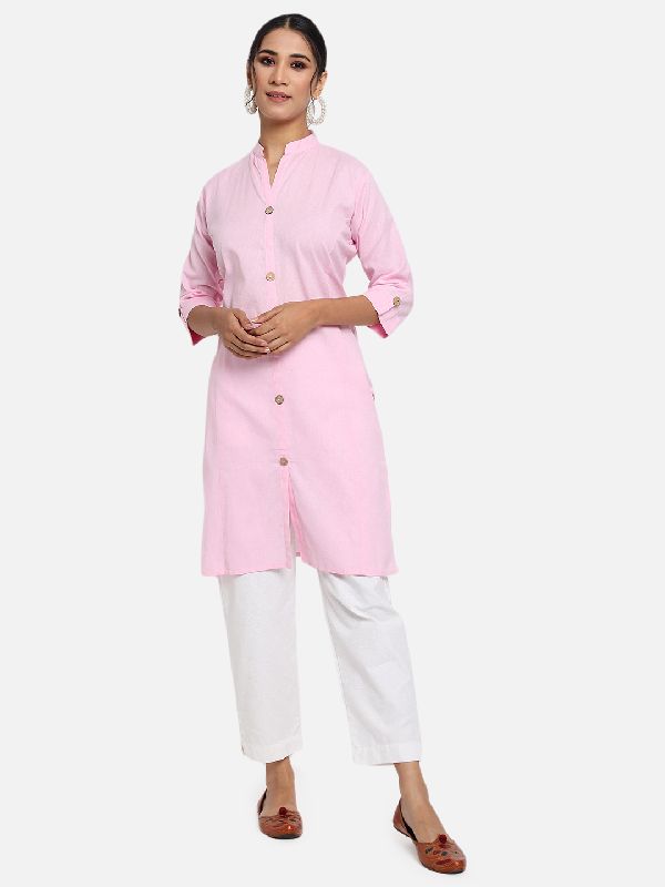Vastraa Fusion Women\'s Cotton Solid Kurti - (Baby Pink)
