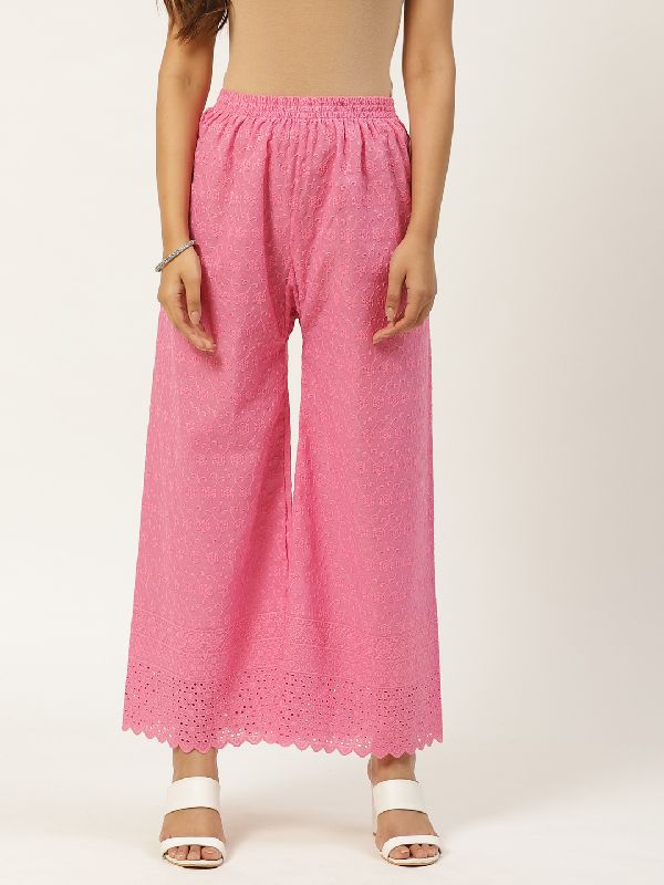 Vastraa Fusion Women\'s Regular Fit Cotton Chikan Palazzo - (Pink)