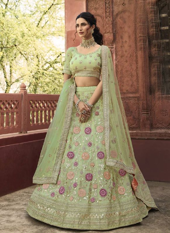 Pink and Light Green Embroidered Net Lehenga – myracouture