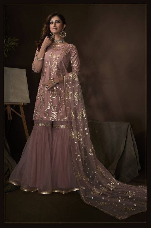 purple embroidered neutral color net base sharara suit