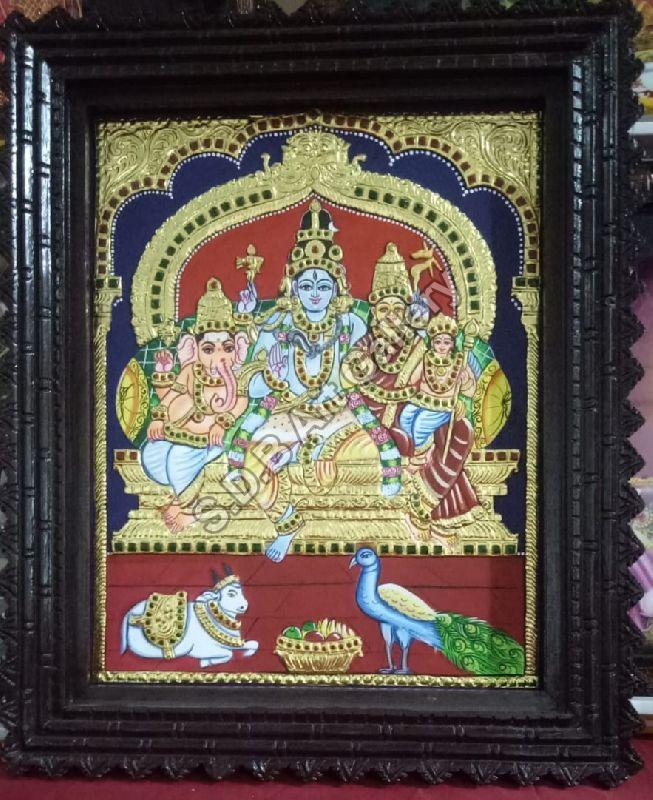 SHIVA FAMILY TANJORE PAINTING 22 CARAT GOLD FOIL