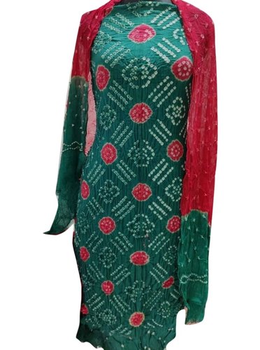 Green and Red Cotton Bandhani Dress Material
