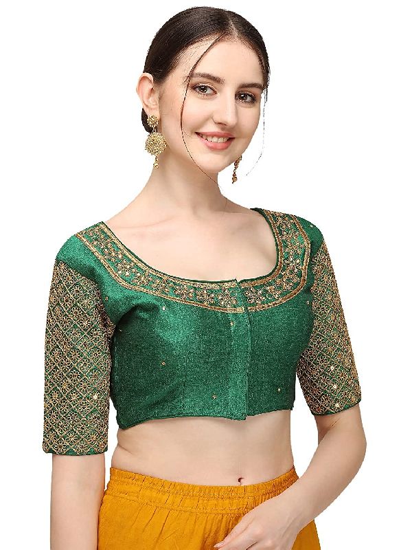 Women's Embroidery with 3 MM sequence Work Design Readymade Blouse Green
