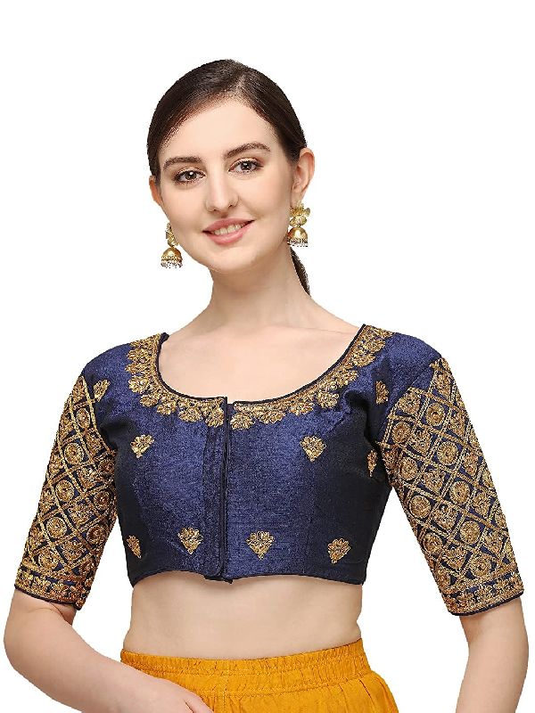 Women's Embroidery with 3 MM sequence Work Design Readymade Blouse Navy Blue
