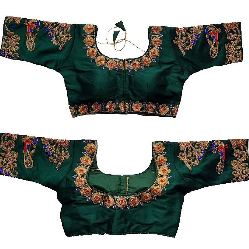 Women's peacock Design Embroidered Phantom Silk Blouse With Round Neck dark green Blouse