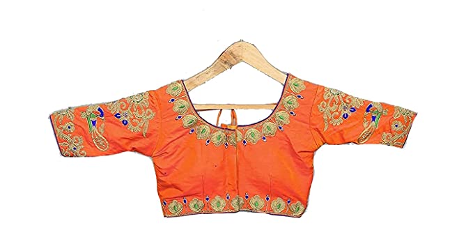 Women's peacock Design Embroidered Phantom Silk Blouse With Round Neck Blouse orange