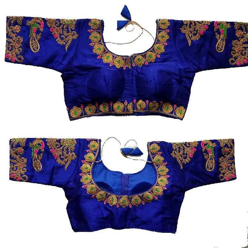 Women's peacock Design Embroidered Phantom Silk Blouse With Round Neck Royal-BlueBlouse