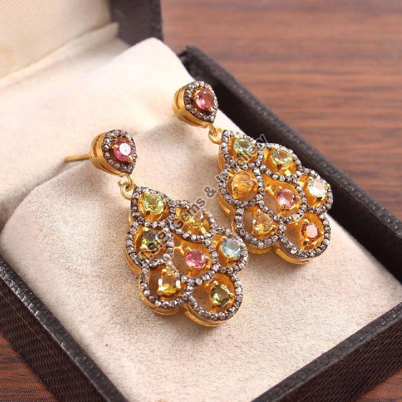 925 Sterling Silver Gold Plated Multi Sapphire And Diamond Earrings