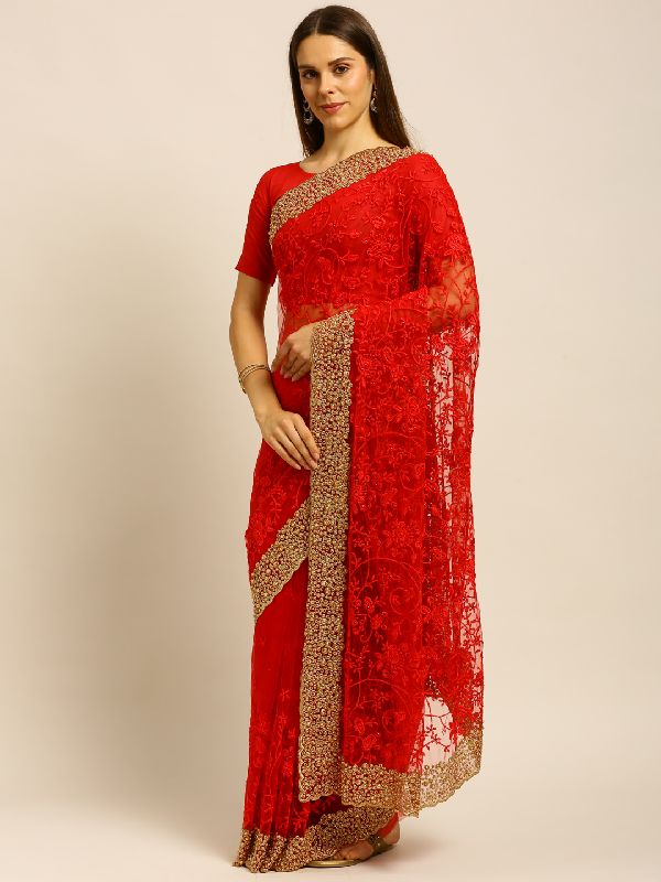 007 Net Red Pearl Embroidered Saree