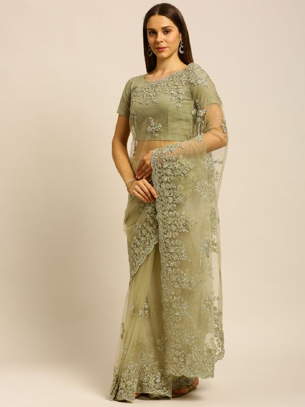 1031 Net Green Heavy Coding Work Embroidered Saree