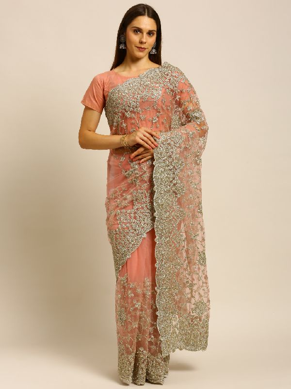 1063 Net Pink Heavy Coding Work Embroidered Saree