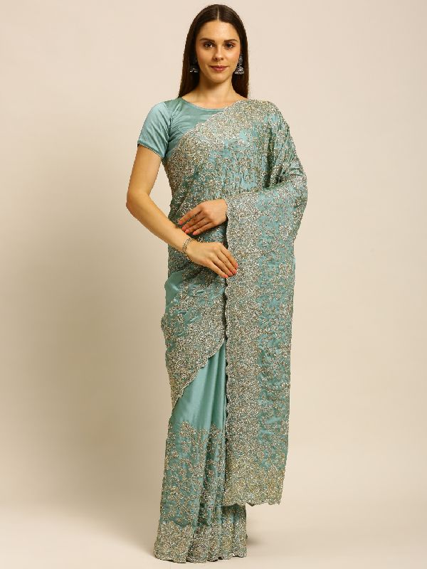 1103 Rangoli Sea Blue Zari Work Embroidered saree