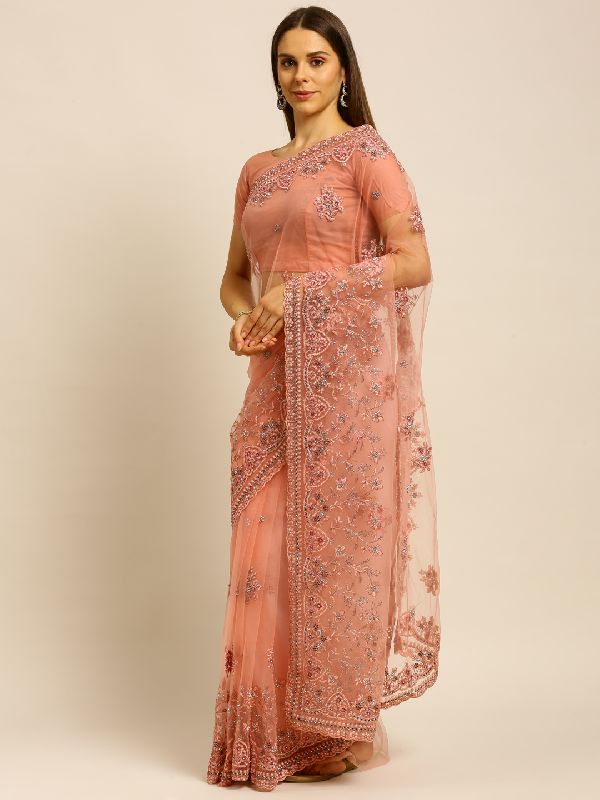 1216 Net Pink Thread Zari Work Embroidered Saree