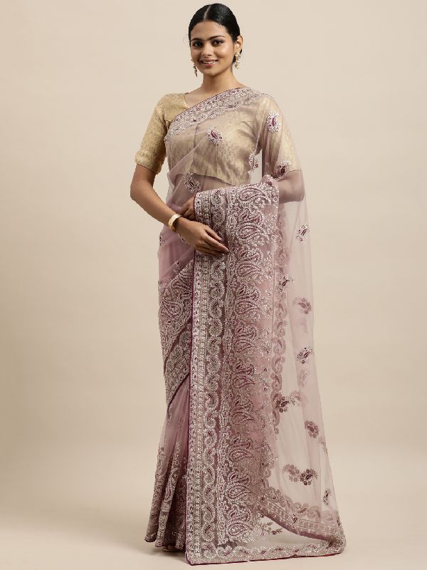 1264 Net Pink Embroidered Saree