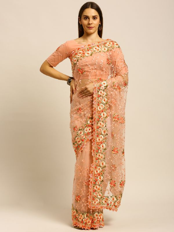 1405 Net Peach Thread Embroidered Saree