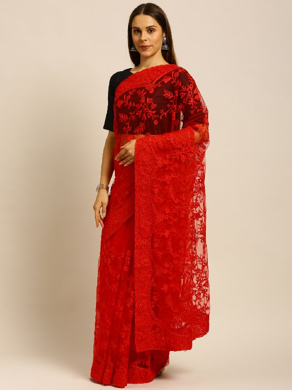 1436 Net Red Aari Work Embroidered Saree