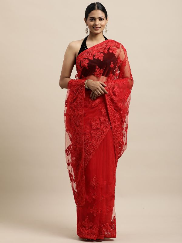 1446 Net Red Embroidered Saree