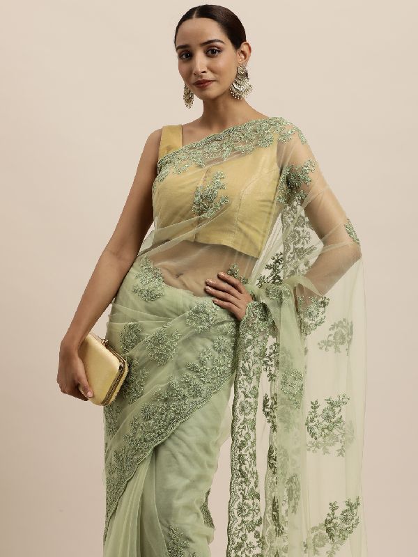 1456 Net Green Embroidered Saree