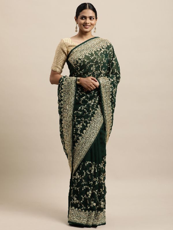 1494 Georgette Bottle Green Embroidered Saree
