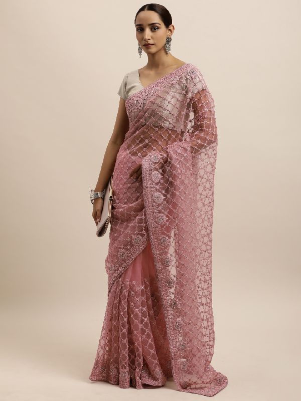 1552 Net Pink Embroidered Saree