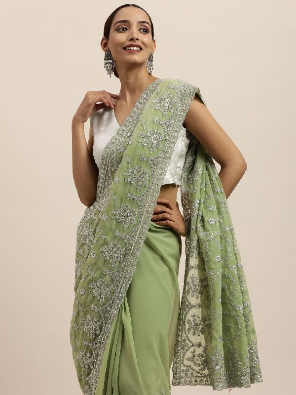 1565 Georgette Green Embroidered Saree